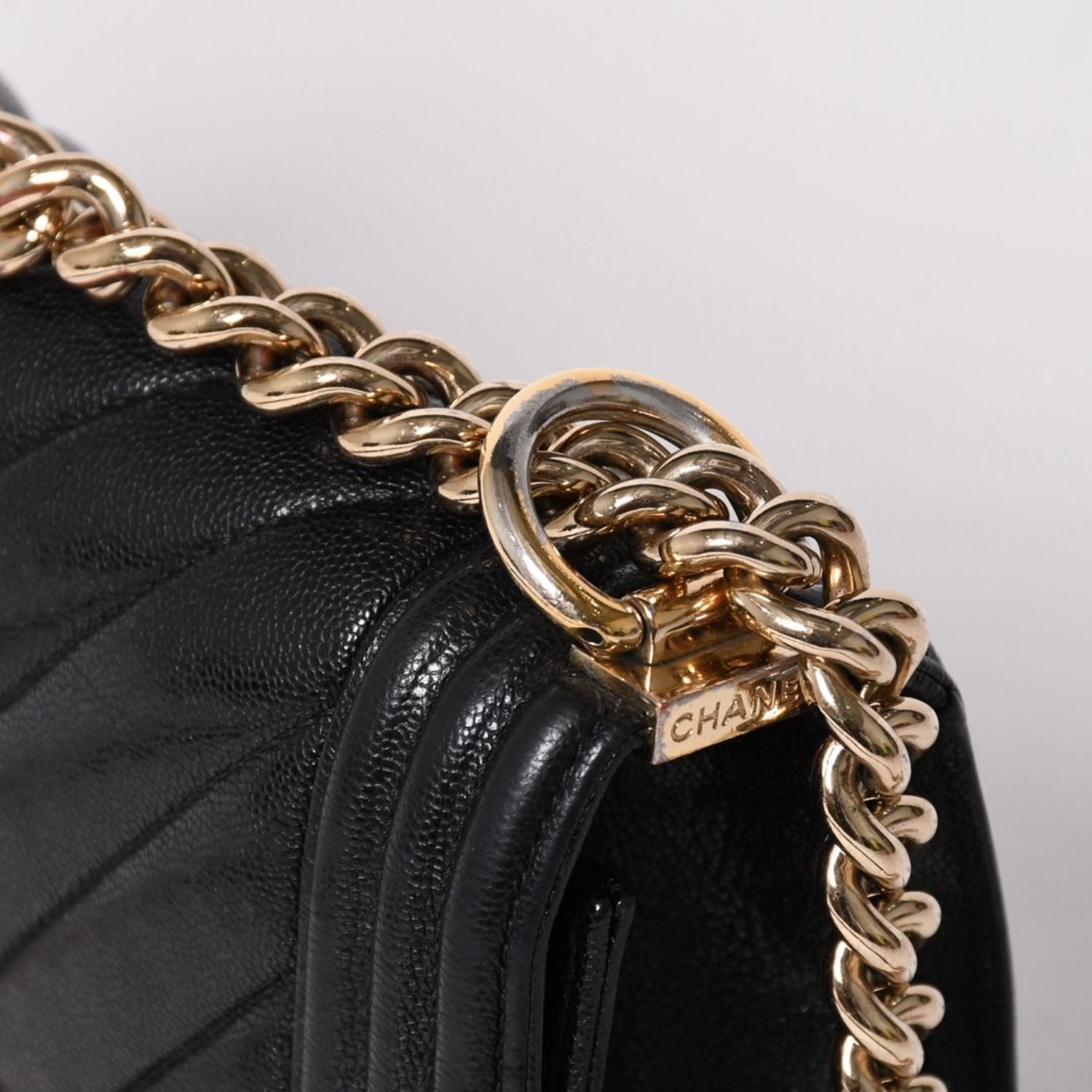 Chanel Boy Chain Shoulder Bag V-shaped Stitch Chevron Caviar Leather Black Gold — view 6