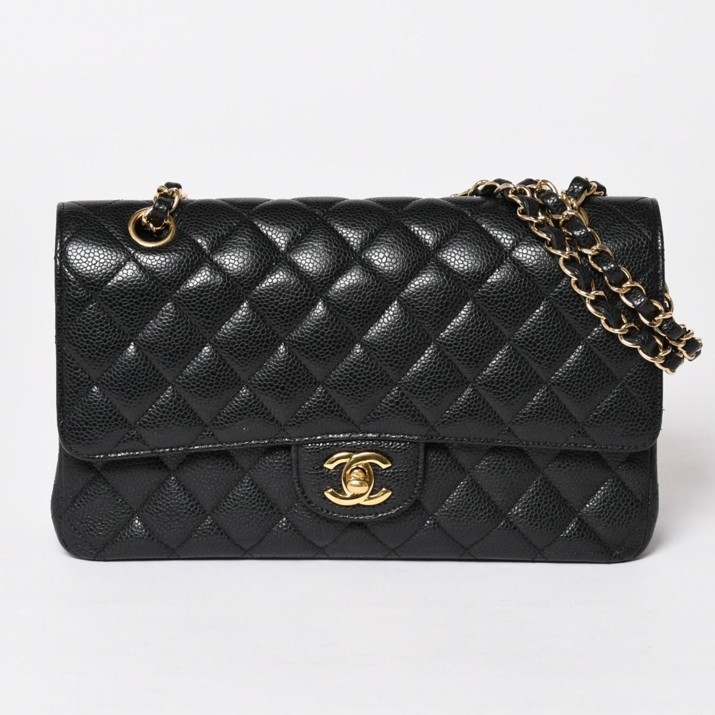 Chanel Quilted 25 Double Flap Chain Shoulder Bag Caviar Leather Gold