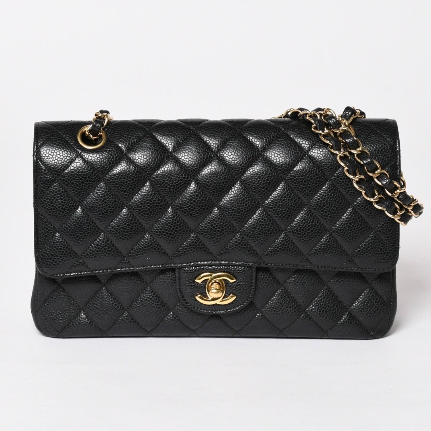 Chanel Quilted 25 Double Flap Chain Shoulder Bag Caviar Leather Gold