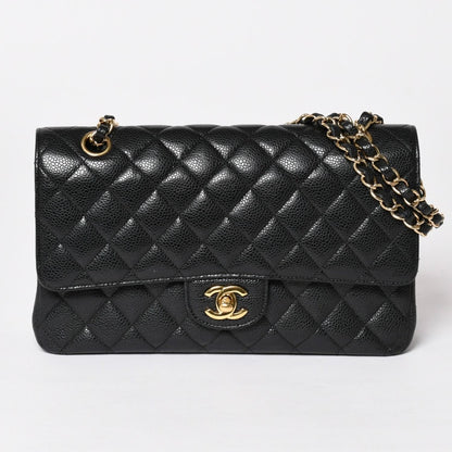Chanel Quilted 25 Double Flap Chain Shoulder Bag Caviar Leather Gold