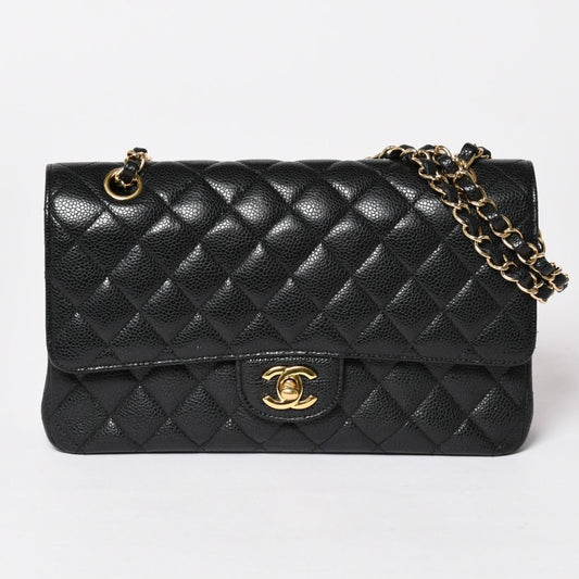 Chanel Quilted 25 Double Flap Chain Shoulder Bag Caviar Leather Gold