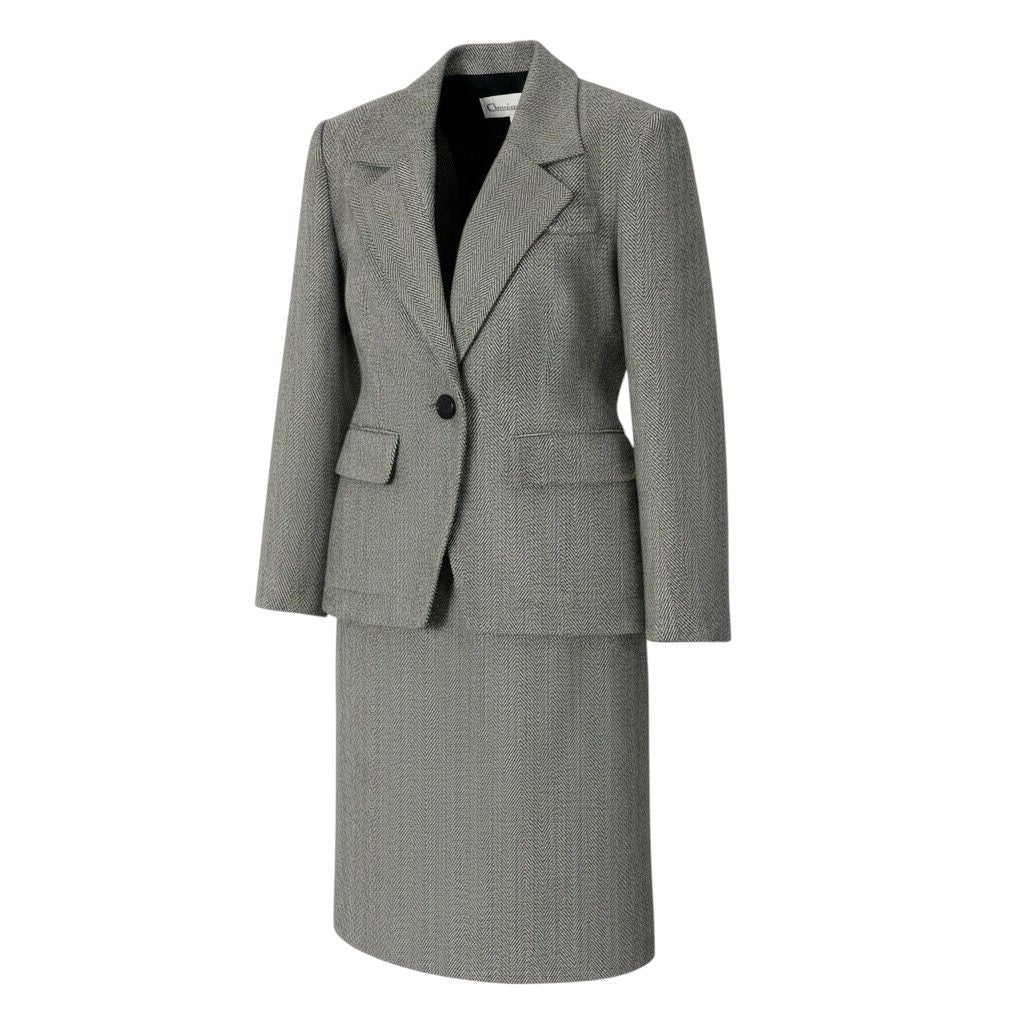 Dior Set Skirt Suit Herringbone Pattern Tailored Jacket Knee Length 11 Black