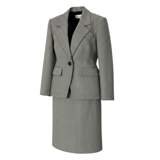 Dior Set Skirt Suit Herringbone Pattern Tailored Jacket Knee Length 11 Black