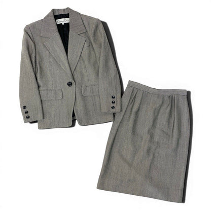 Dior Set Skirt Suit Herringbone Pattern Tailored Jacket Knee Length 11 Black — view 2