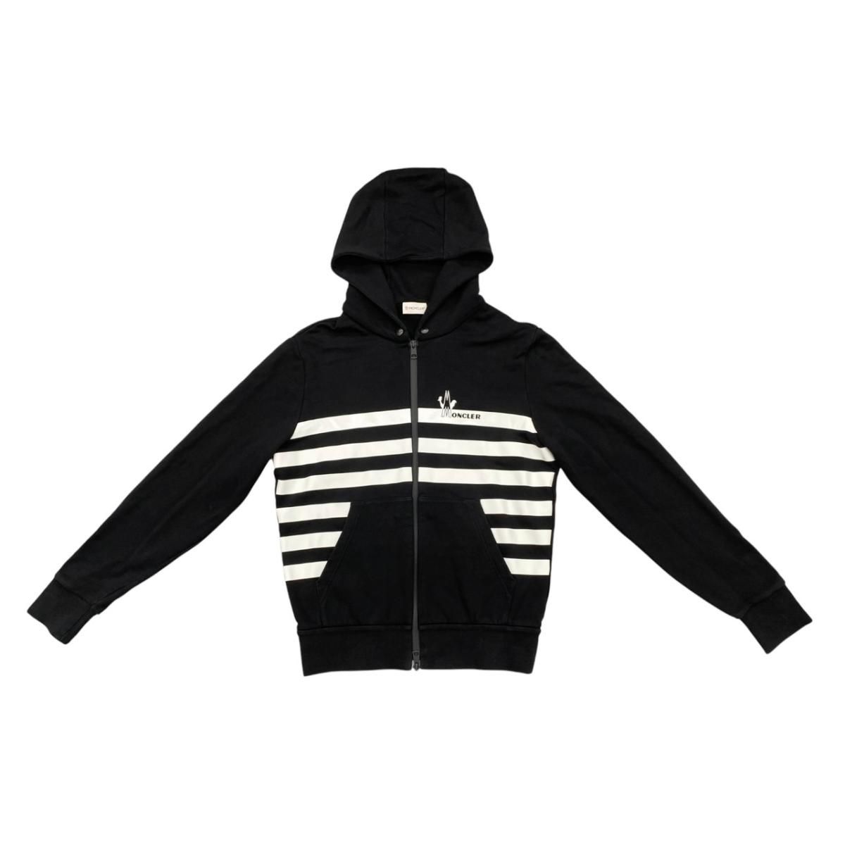 Moncler Hoodie Maglia Zip Up M Cotton Border Logo Print Black White