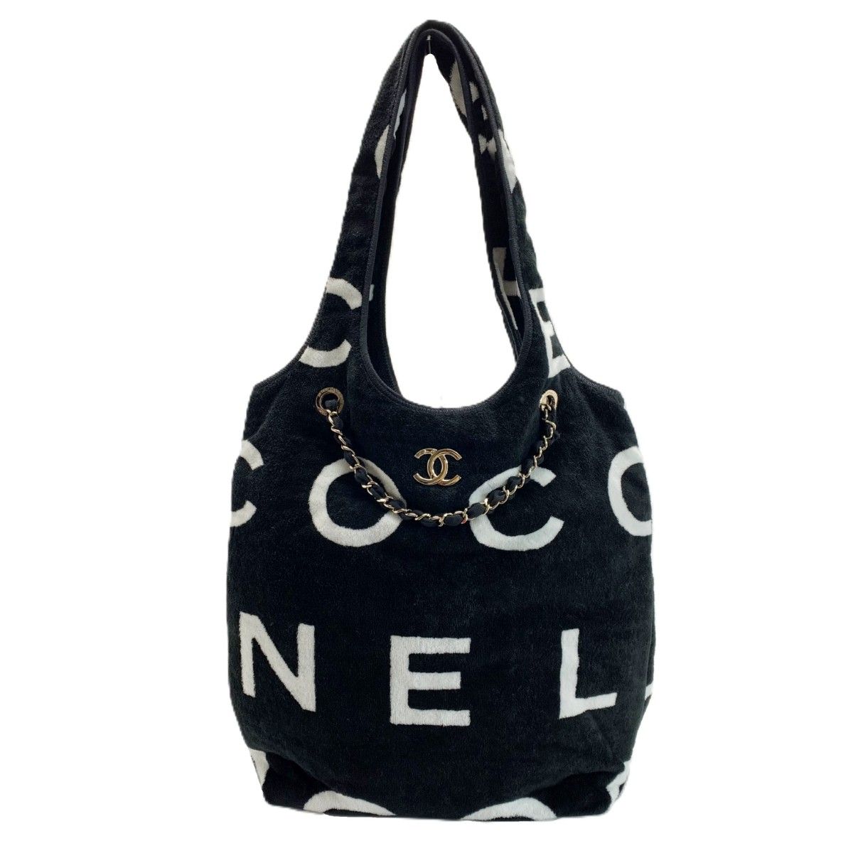 Chanel Cocobi Chi Leather Braided Chain Tote Black White
