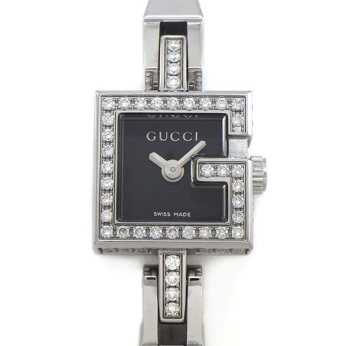 Gucci Watch Mini 102 Pave Diamond Bezel Square Black Dial SS