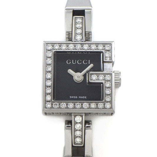 Gucci Watch Mini 102 Pave Diamond Bezel Square Black Dial SS