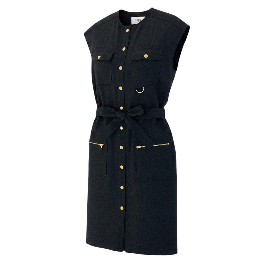 Celine Army Dress Flare Sleeve Gold Buttons 34 Black