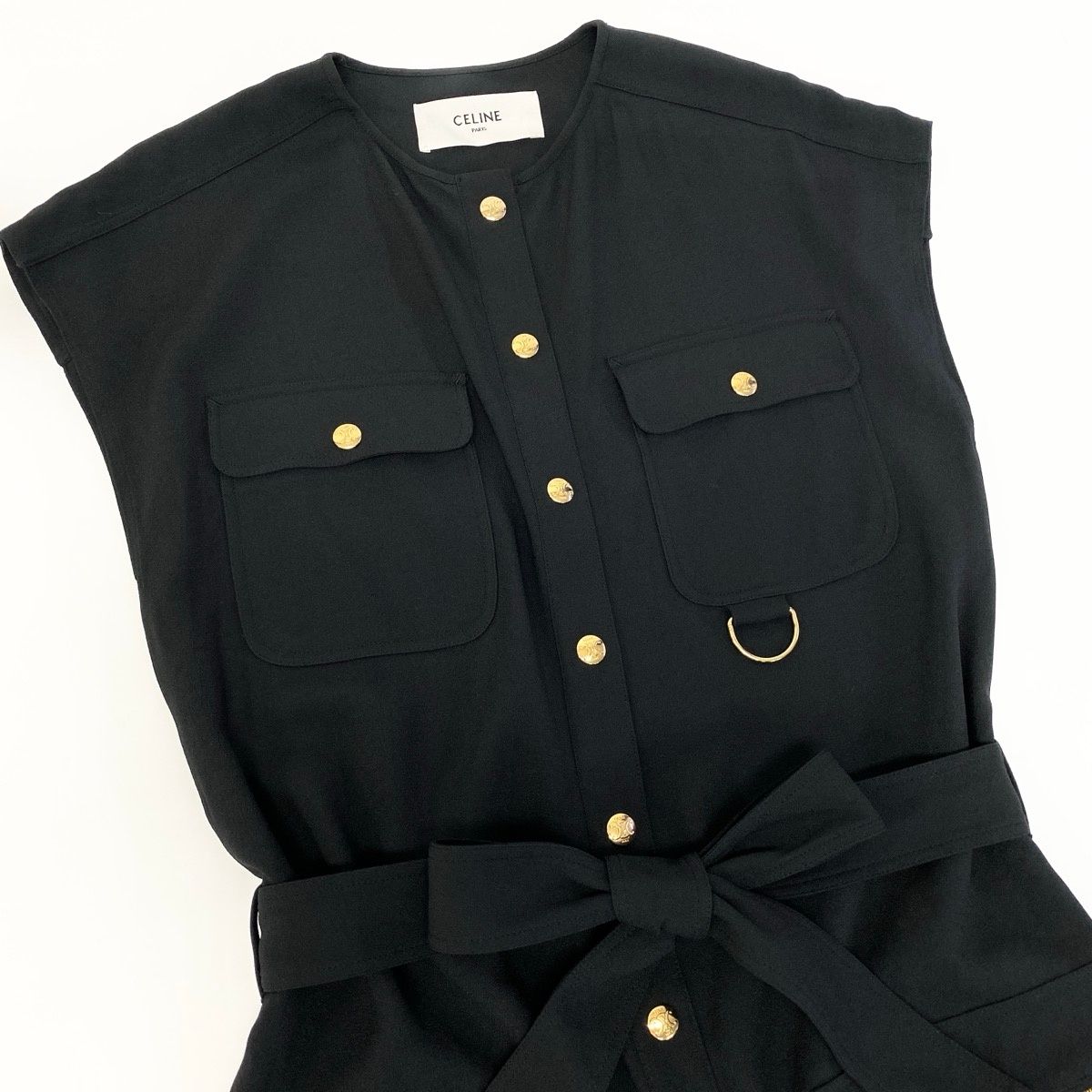 Celine Army Dress Flare Sleeve Gold Buttons 34 Black — view 4