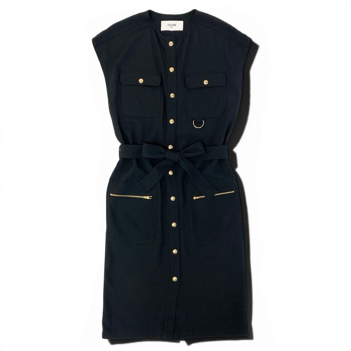 Celine Army Dress Flare Sleeve Gold Buttons 34 Black — view 2