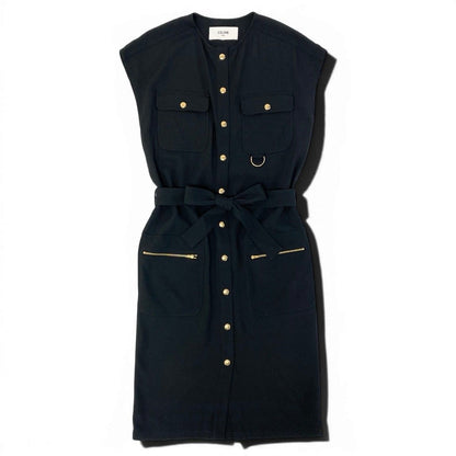 Celine Army Dress Flare Sleeve Gold Buttons 34 Black — view 2