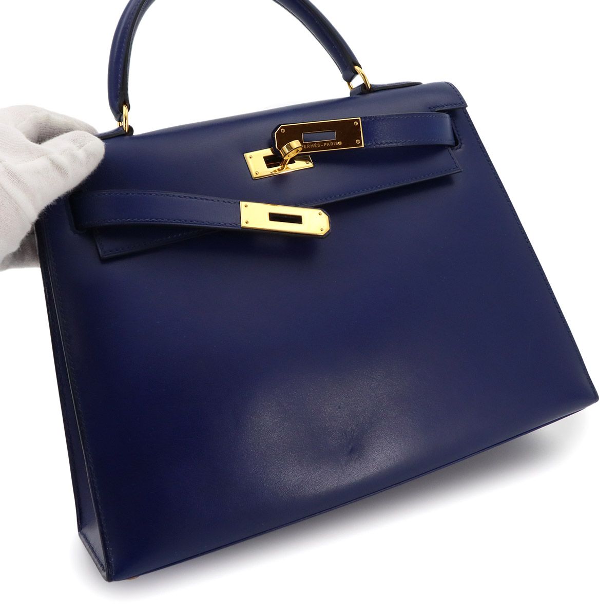 Hermes Kelly 28 Box Calf Blue 2-Way Bag Sellier — view 9