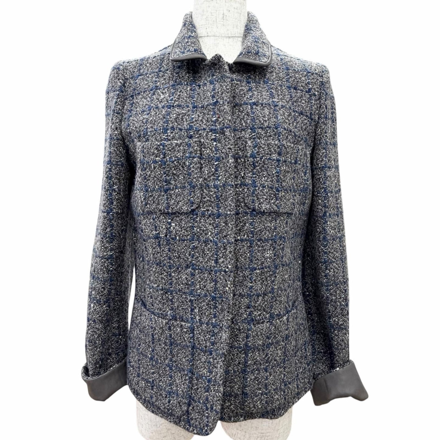 Loro Piana Wool Cashmere Plaid Calf Usage Jacket Gray Blue 40