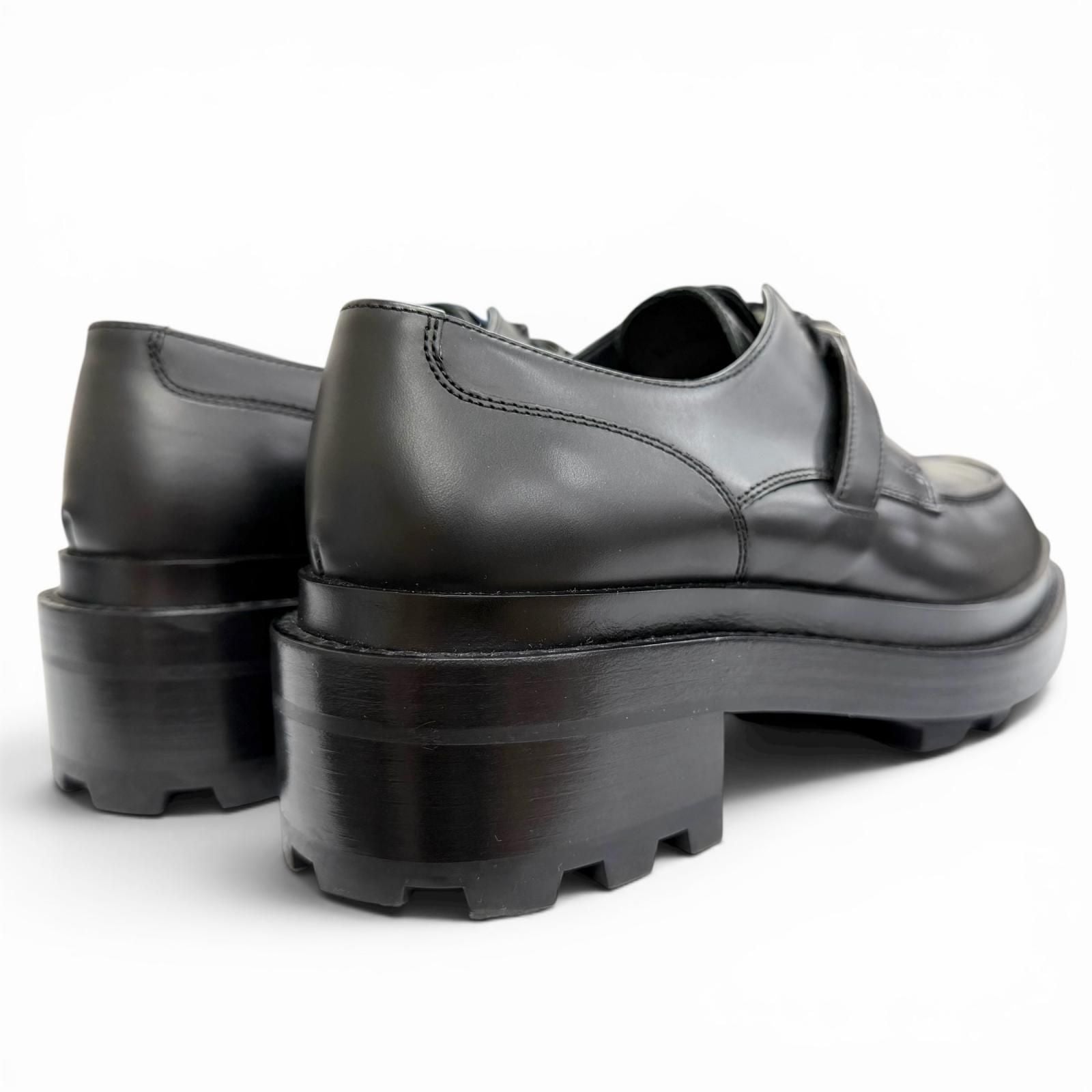 Hermes First Silver Kelly Buckle Derby Shoes Leather Loafers Black — view 6