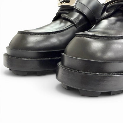 Hermes First Silver Kelly Buckle Derby Shoes Leather Loafers Black — view 7