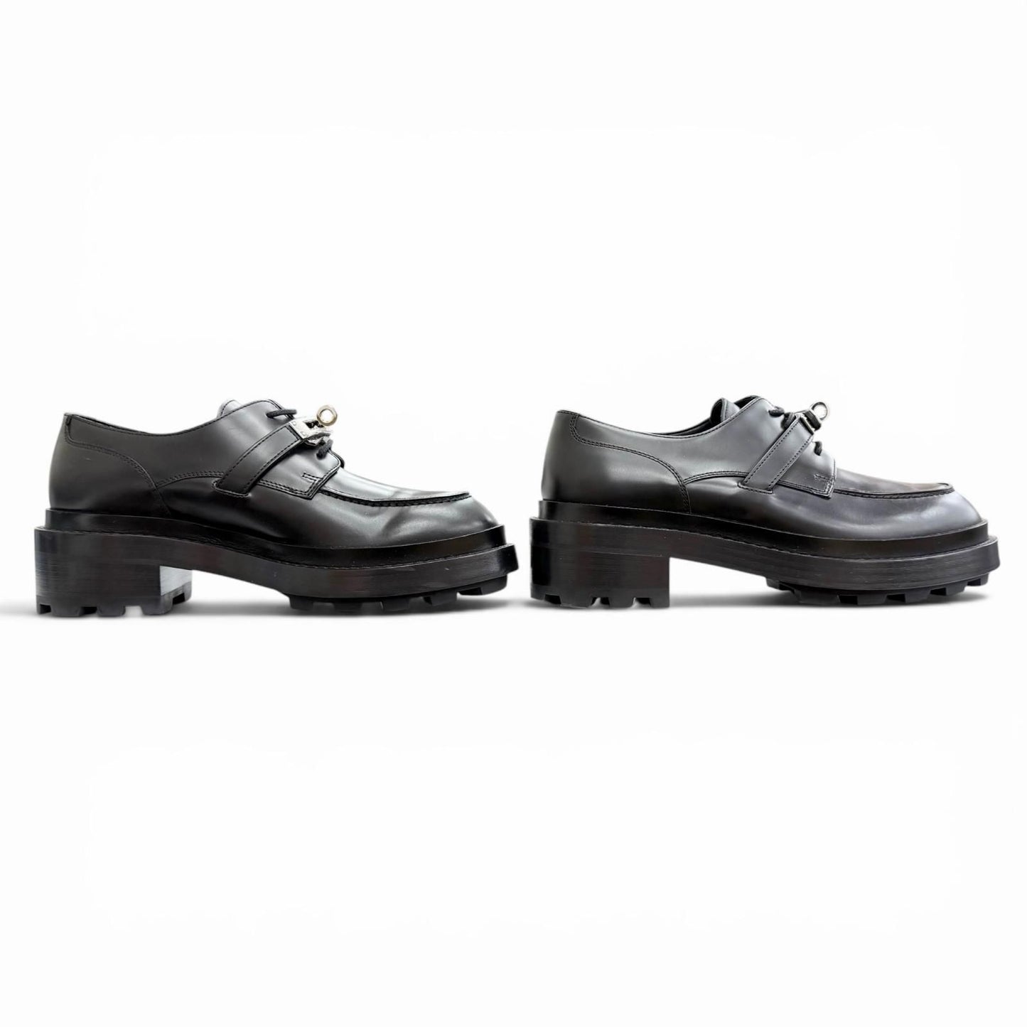 Hermes First Silver Kelly Buckle Derby Shoes Leather Loafers Black — view 4