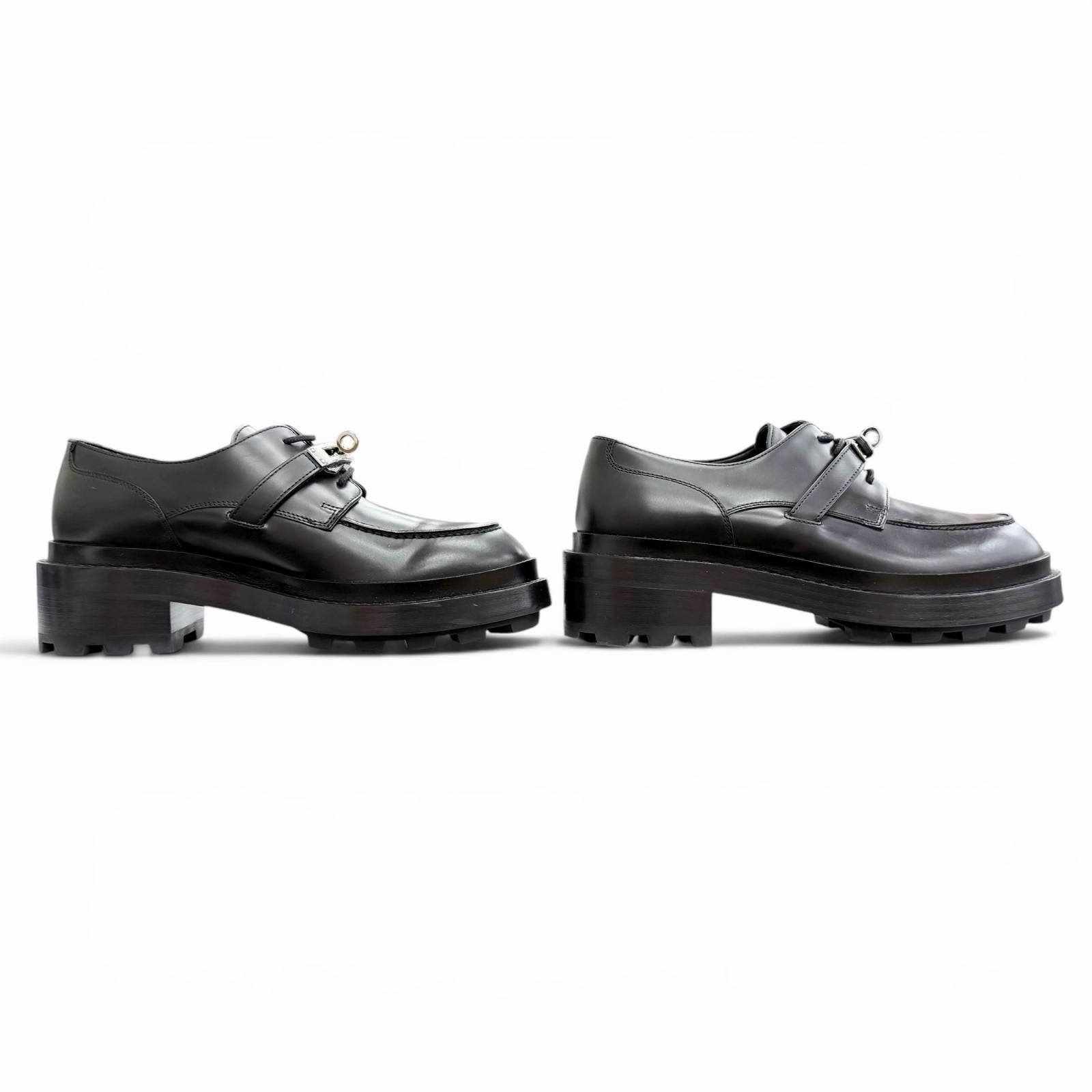 Hermes First Silver Kelly Buckle Derby Shoes Leather Loafers Black — view 4