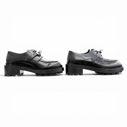 Hermes First Silver Kelly Buckle Derby Shoes Leather Loafers Black — view 4