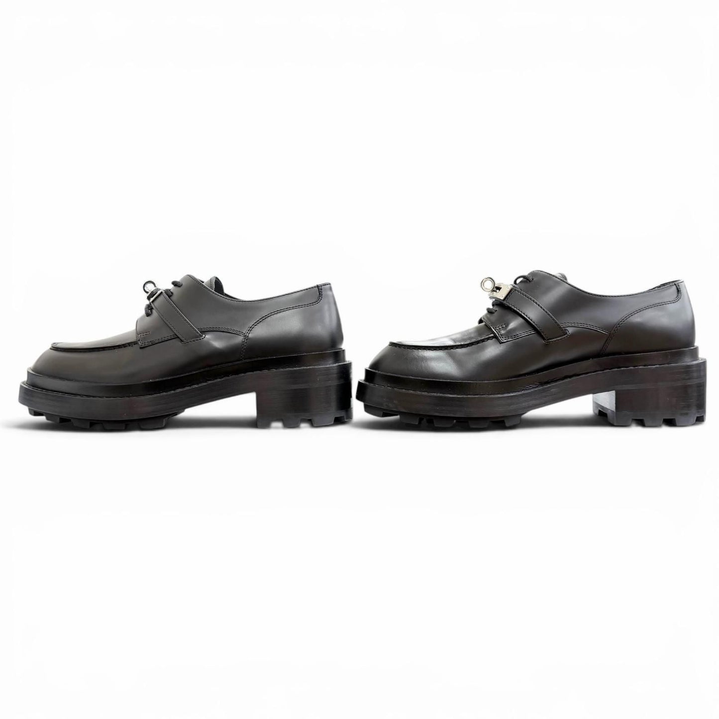 Hermes First Silver Kelly Buckle Derby Shoes Leather Loafers Black — view 3