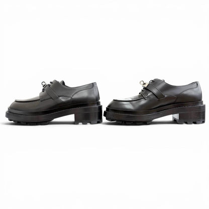 Hermes First Silver Kelly Buckle Derby Shoes Leather Loafers Black — view 3