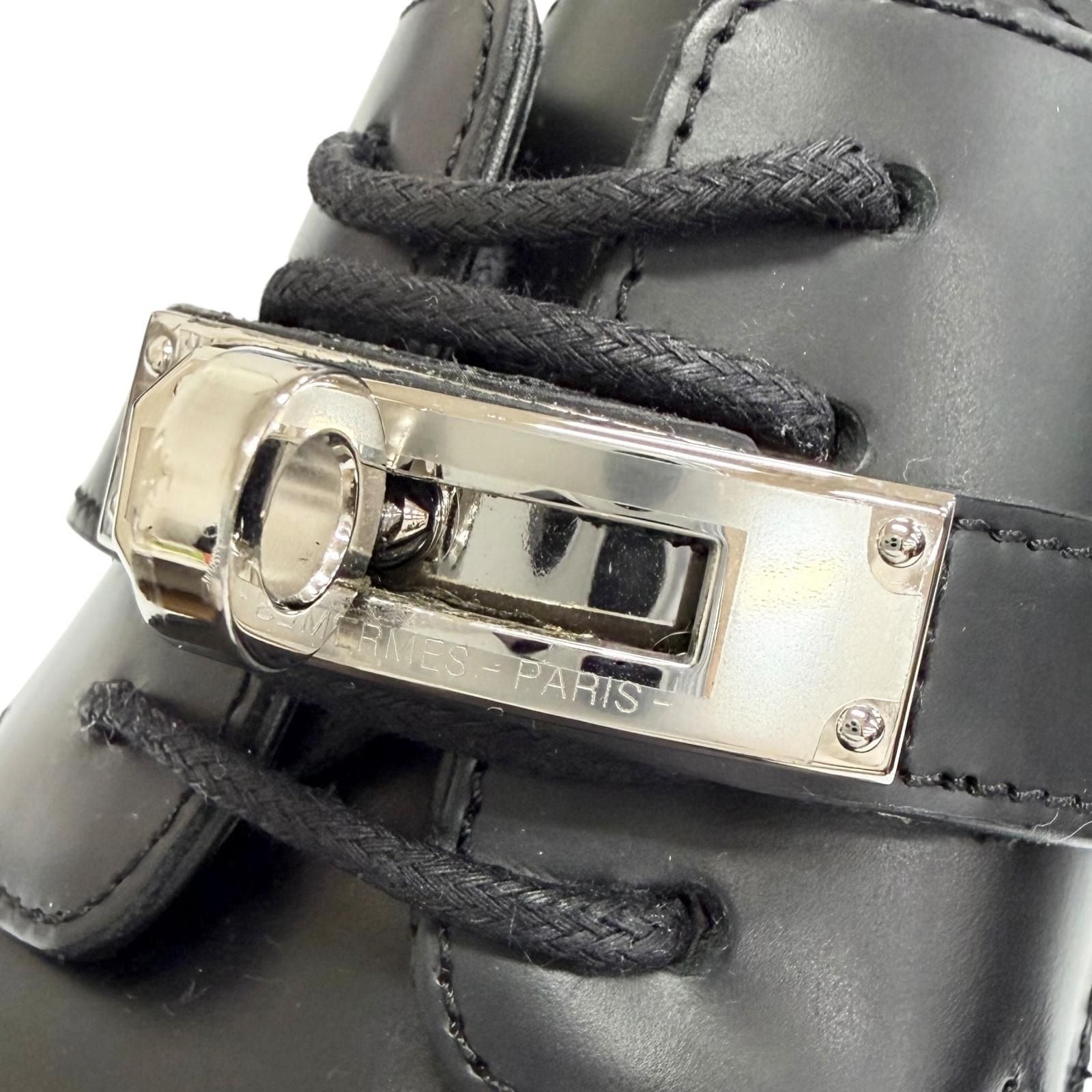 Hermes First Silver Kelly Buckle Derby Shoes Leather Loafers Black — view 9