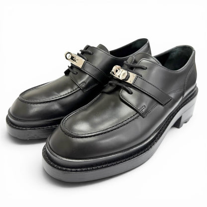 Hermes First Silver Kelly Buckle Derby Shoes Leather Loafers Black