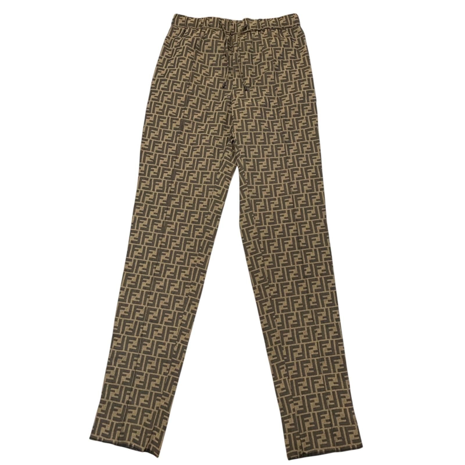 Fendi FF Logo Zucca Pattern Patch Pleated Trousers Easy Pants Brown 50
