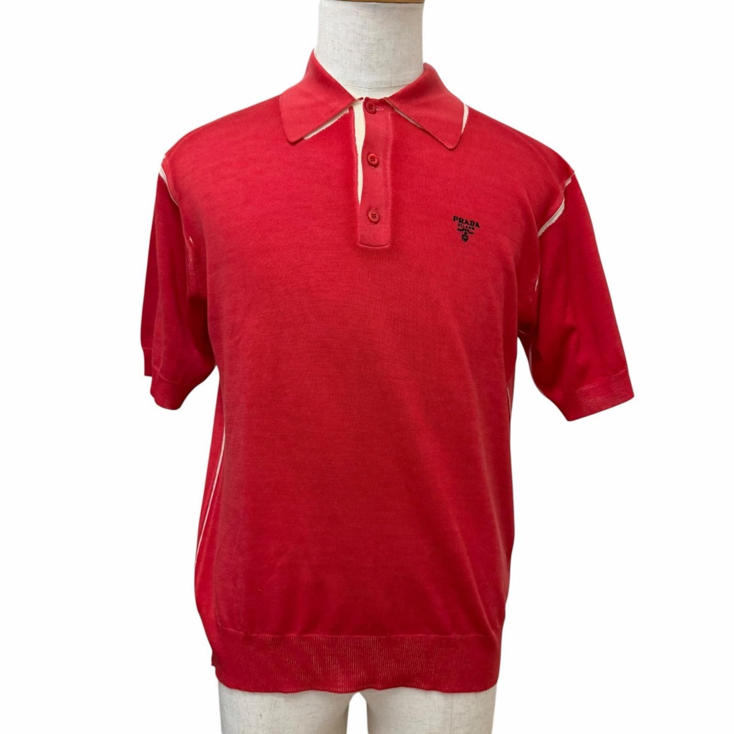 Prada Cashmere Virgin Wool Logo Embroidery Lightweight Short Sleeve Knit Polo