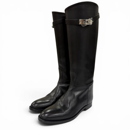 Hermes Silver Kelly Buckle Leather Jumping Boots Long Black