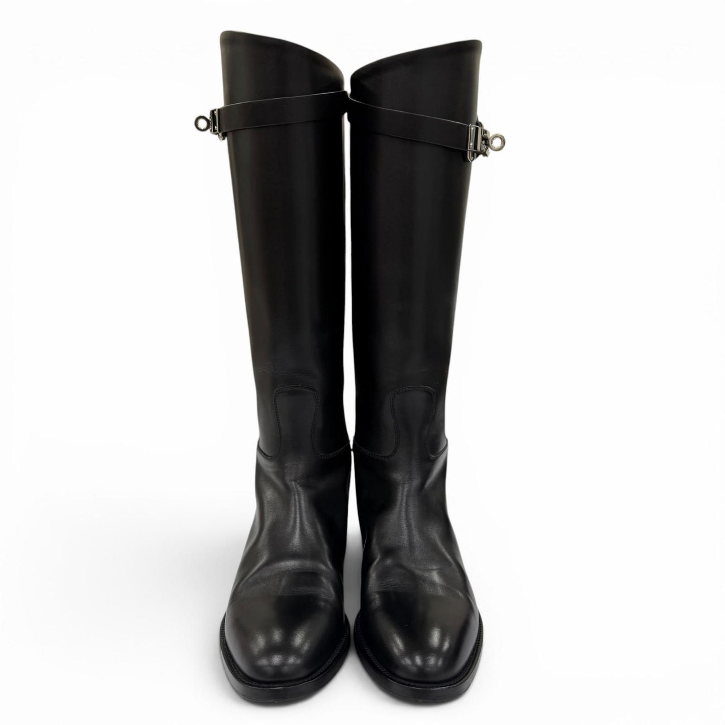 Hermes Silver Kelly Buckle Leather Jumping Boots Long Black — view 4