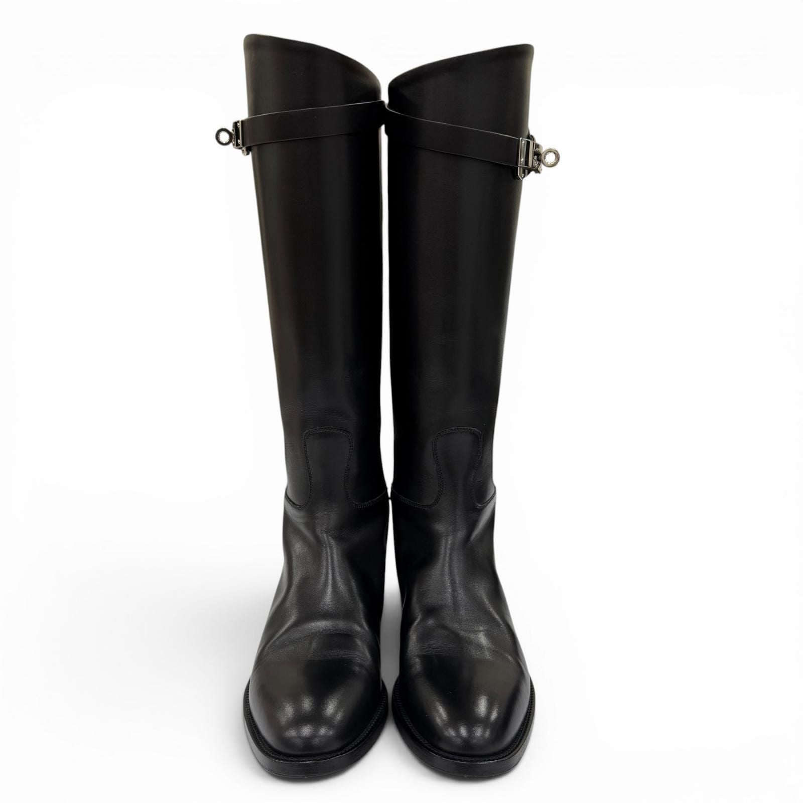 Hermes Silver Kelly Buckle Leather Jumping Boots Long Black — view 4