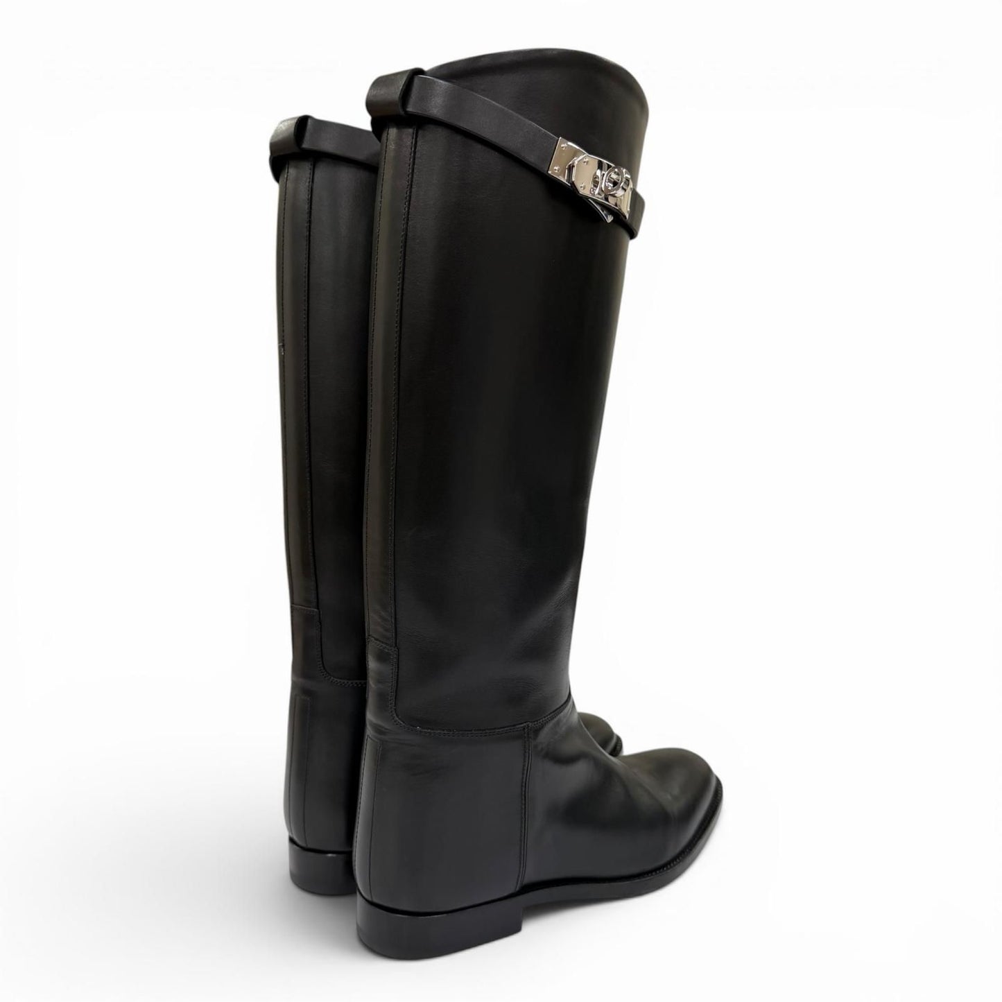 Hermes Silver Kelly Buckle Leather Jumping Boots Long Black — view 3