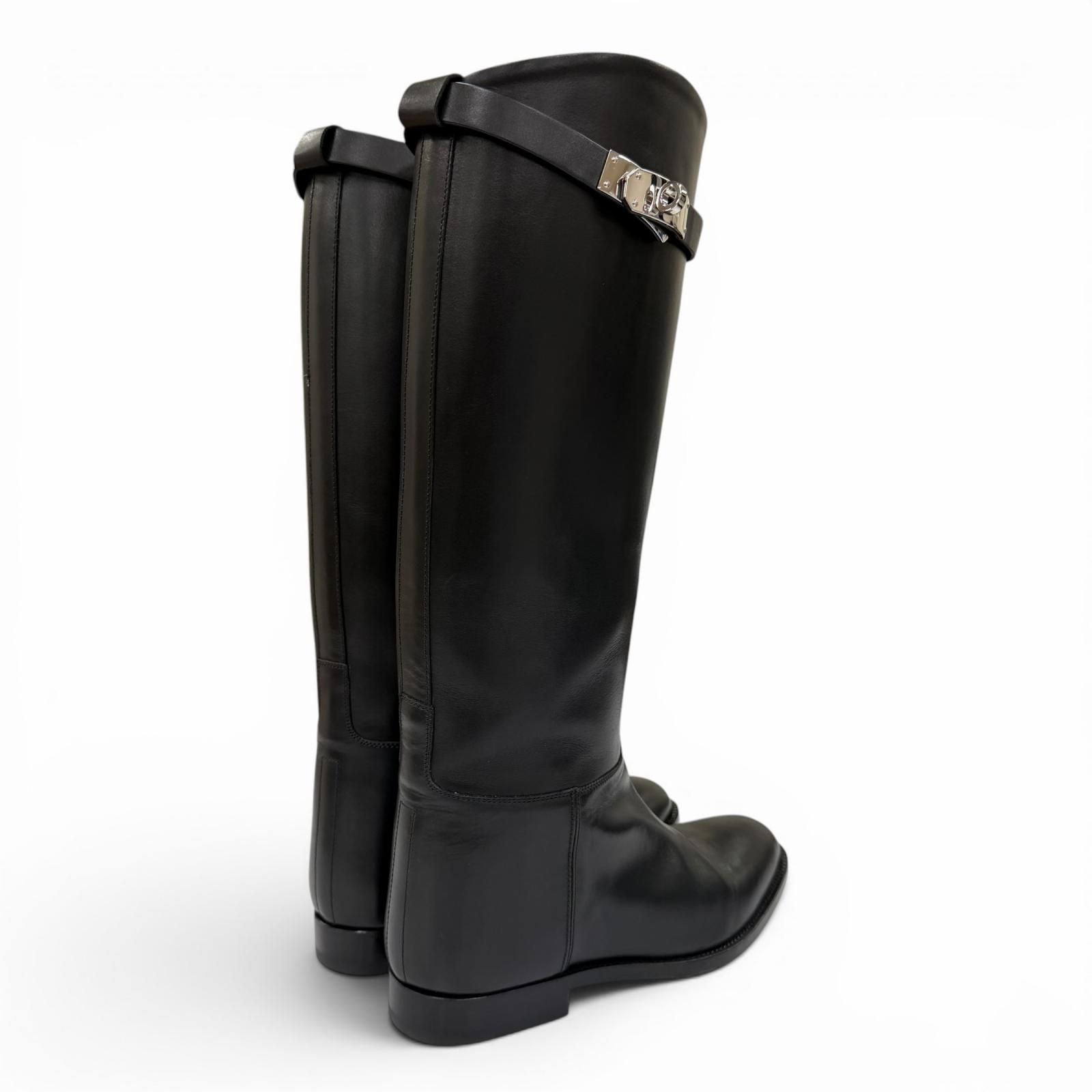 Hermes Silver Kelly Buckle Leather Jumping Boots Long Black — view 3