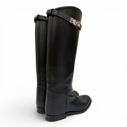Hermes Silver Kelly Buckle Leather Jumping Boots Long Black — view 3