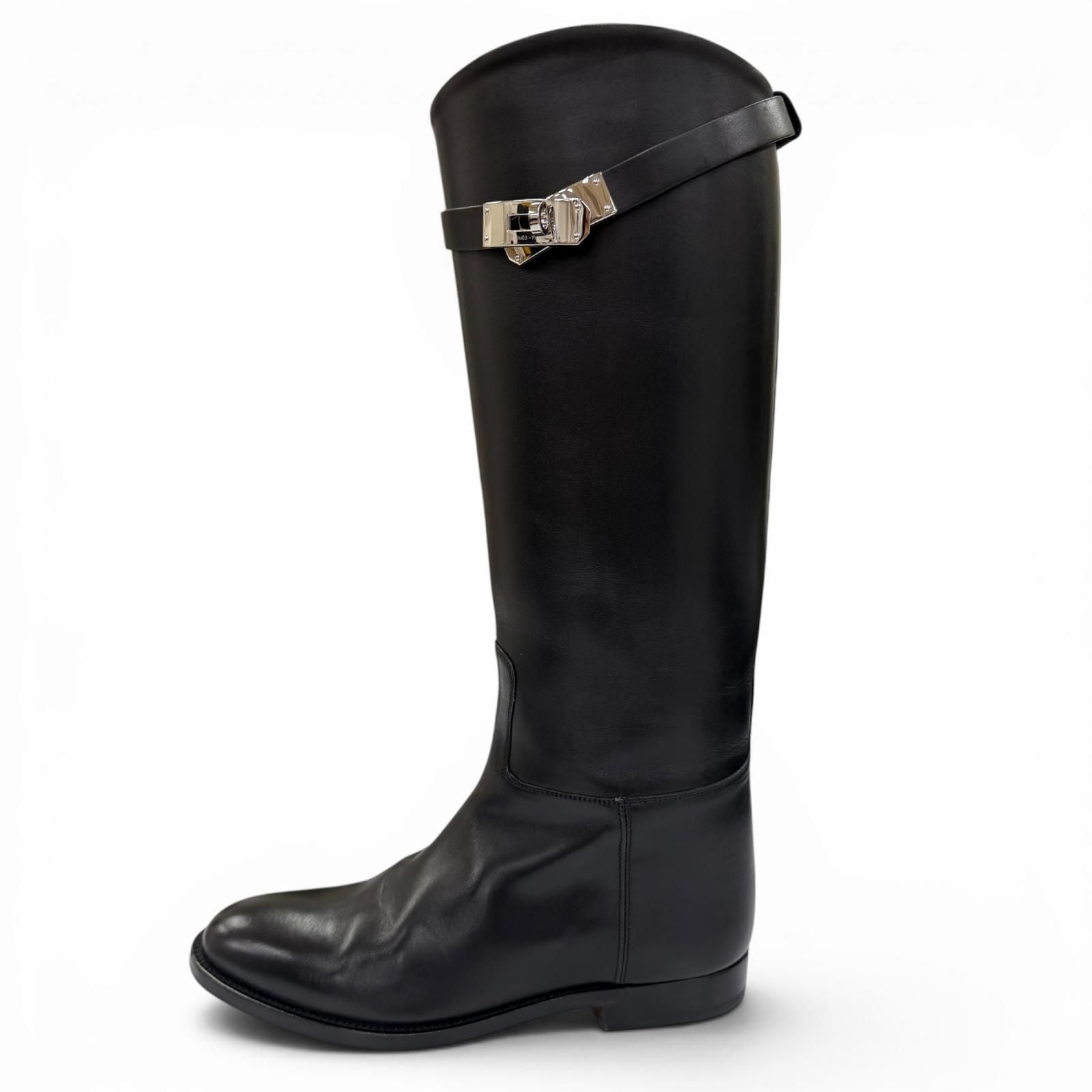 Hermes Silver Kelly Buckle Leather Jumping Boots Long Black — view 5