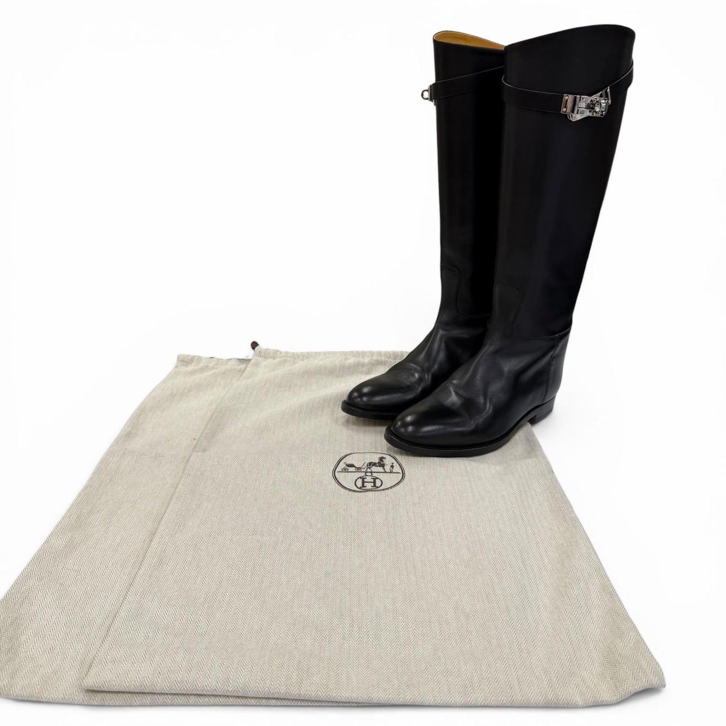 Hermes Silver Kelly Buckle Leather Jumping Boots Long Black — view 2