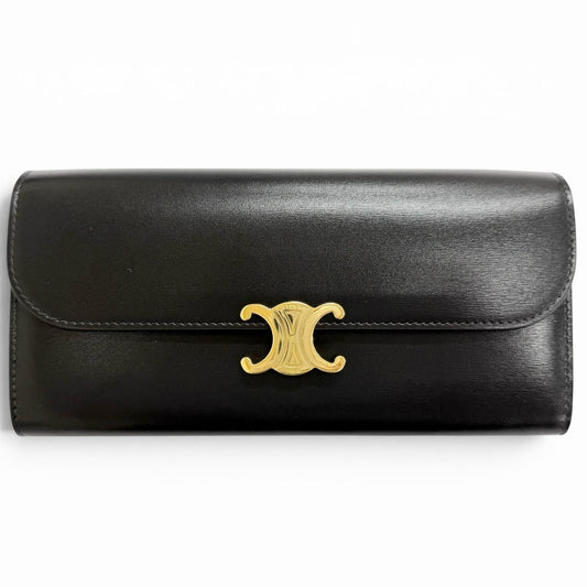 Celine Shiny Calfskin Triomphe Flap Large Wallet Bifold Black Gold