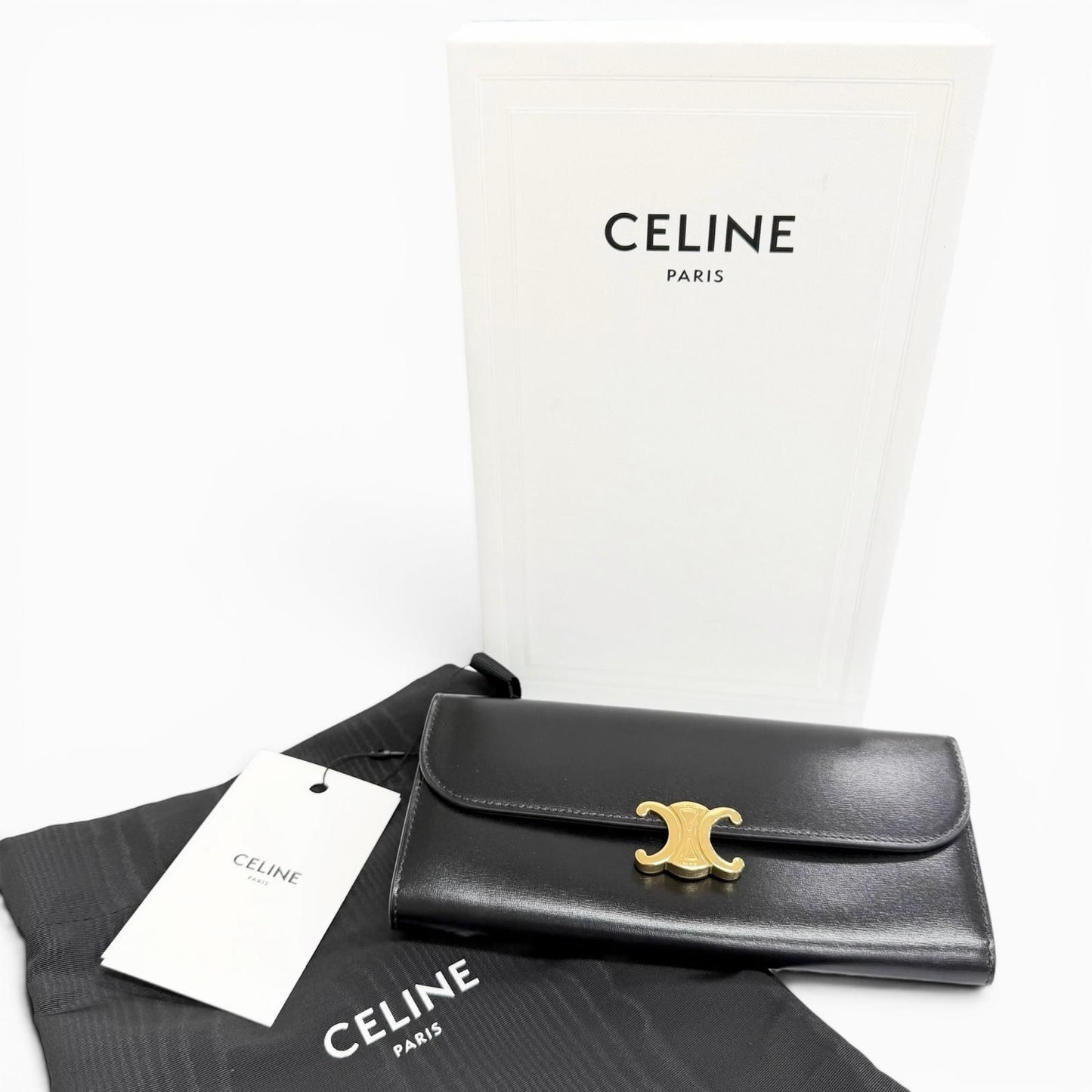 Celine Shiny Calfskin Triomphe Flap Large Wallet Bifold Black Gold — view 2