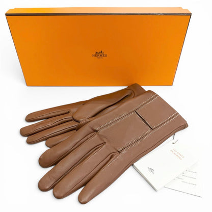 Hermes Lining Cashmere Stitch Lambskin Gloves Brown 7.5 Recommended — view 2