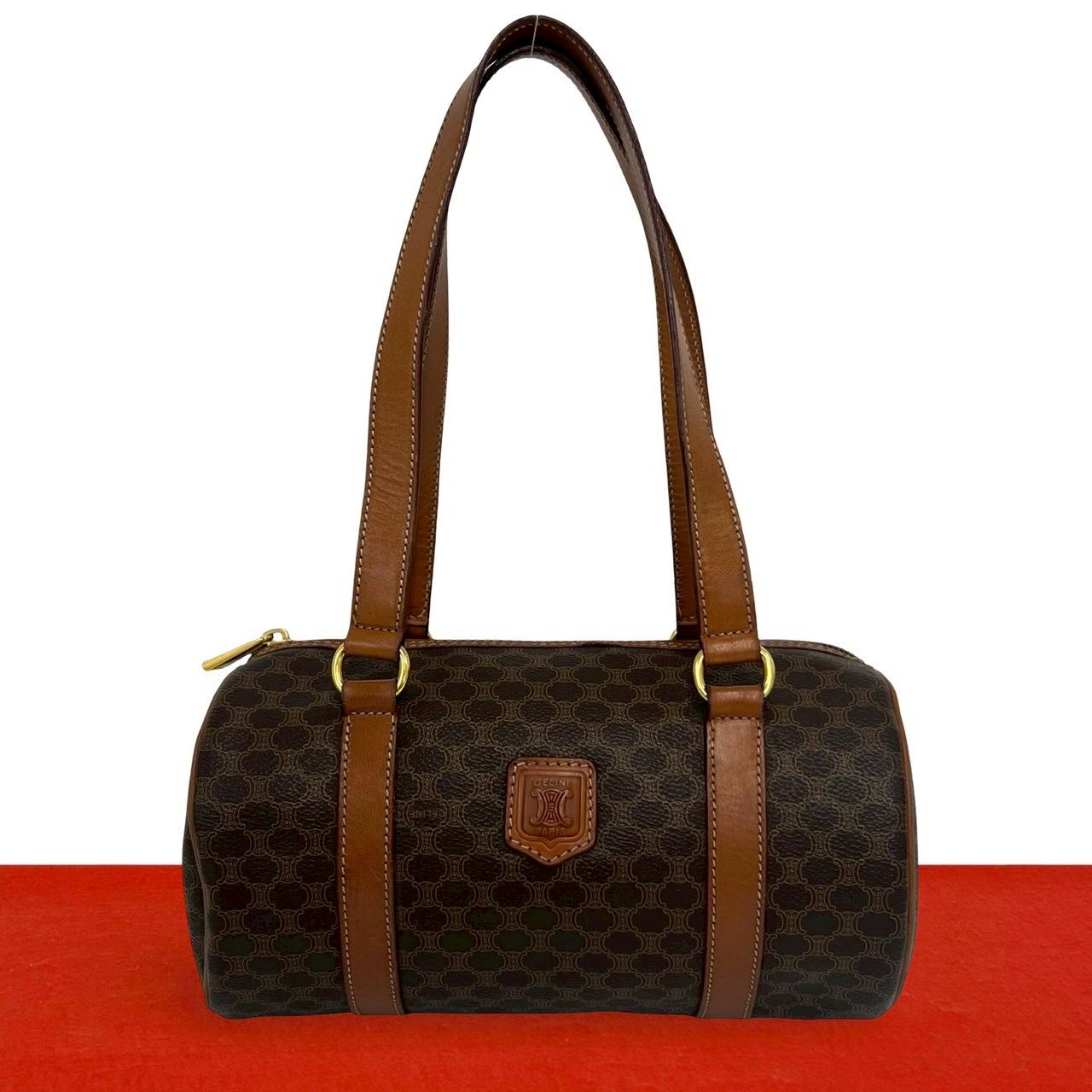 Celine Vintage Macadam Blason Triomphe Pattern Leather Tote Brown