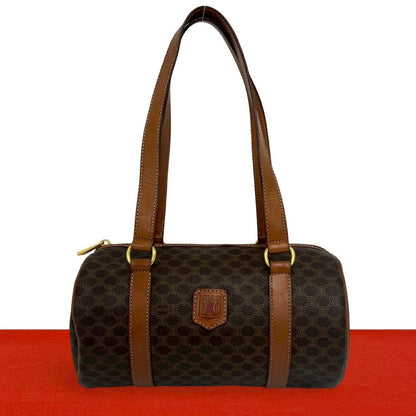 Celine Vintage Macadam Blason Triomphe Pattern Leather Tote Brown