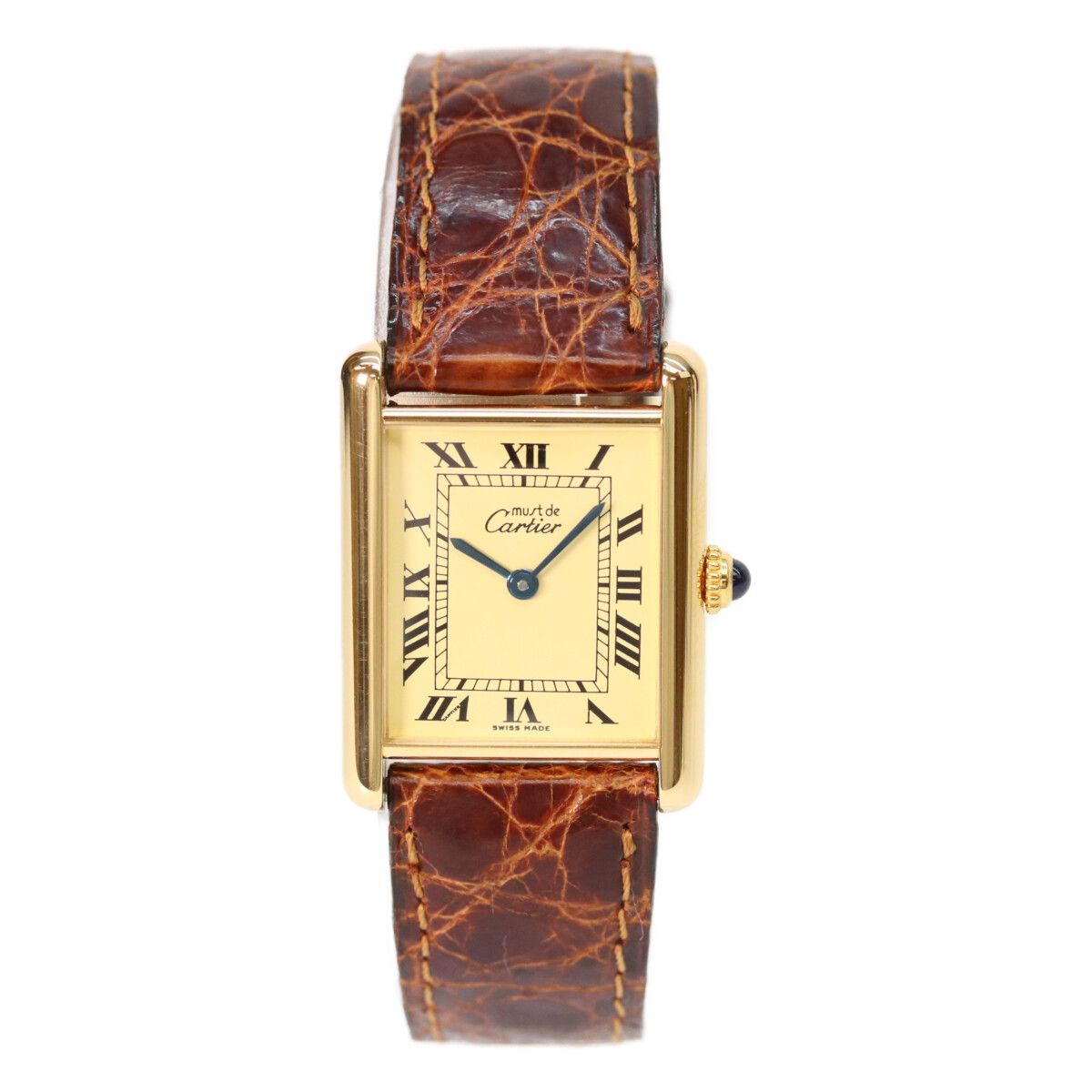 Cartier 925 Must Tank Vermeil LM Ivory Dial Quartz Brown Leather