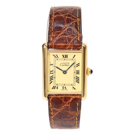 Cartier 925 Must Tank Vermeil LM Ivory Dial Quartz Brown Leather