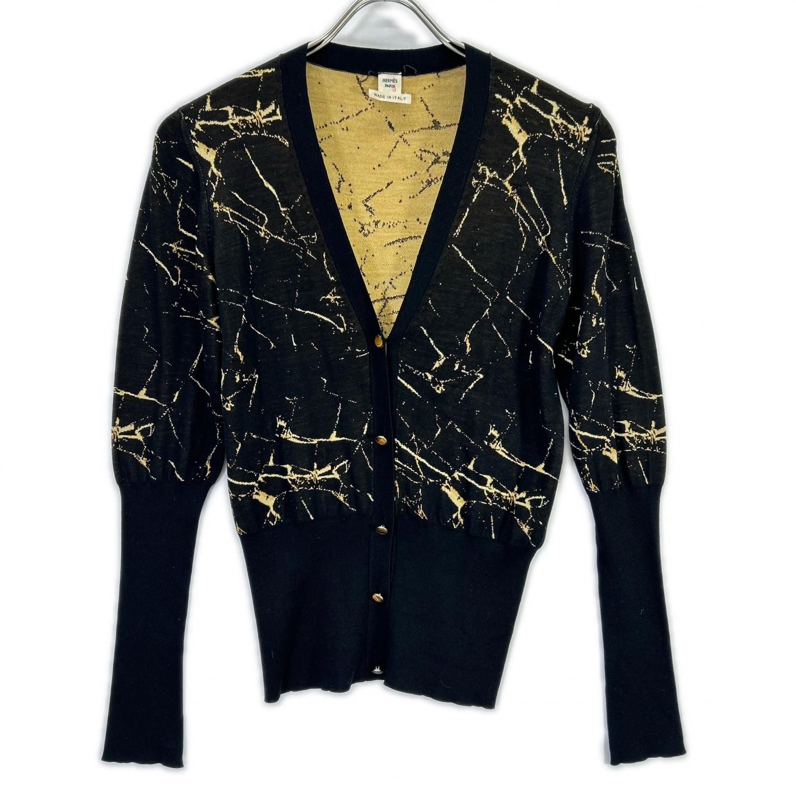 Hermes Era Black Yellow Silk 100 Ring Sleeve Cardigan 36