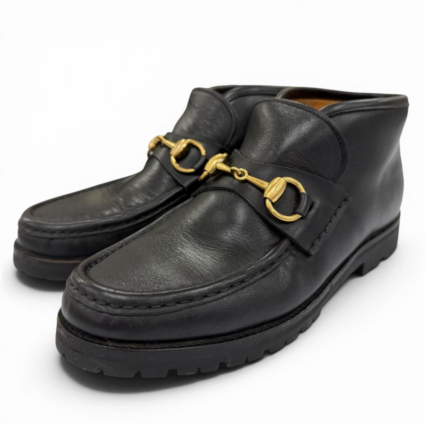 Gucci 104 Horsebit Leather Ankle Boots Black Gold