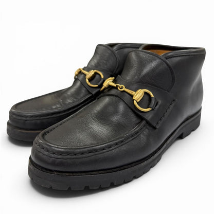 Gucci 104 Horsebit Leather Ankle Boots Black Gold