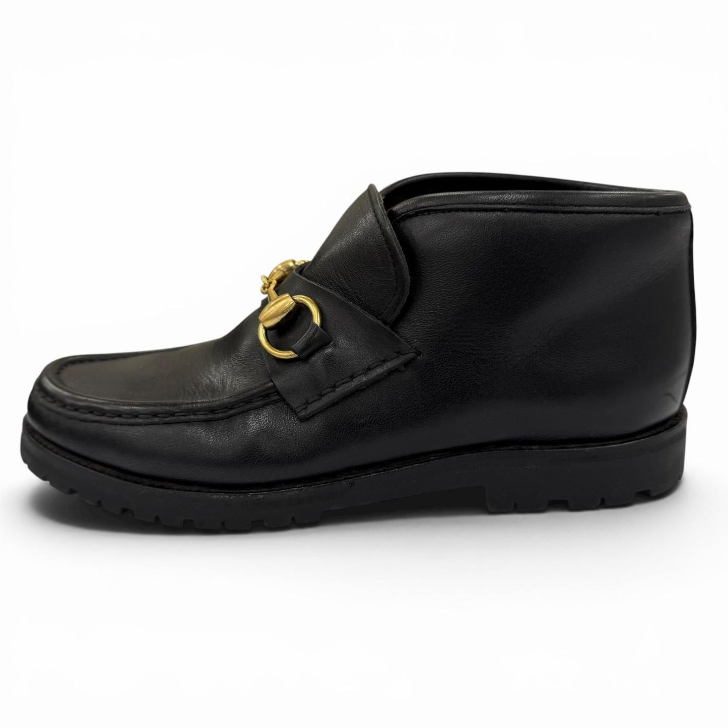 Gucci 104 Horsebit Leather Ankle Boots Black Gold — view 4