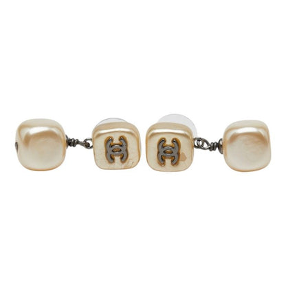 Chanel CC Logo Stud Earrings Gold Faux Pearl — view 2