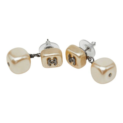 Chanel CC Logo Stud Earrings Gold Faux Pearl